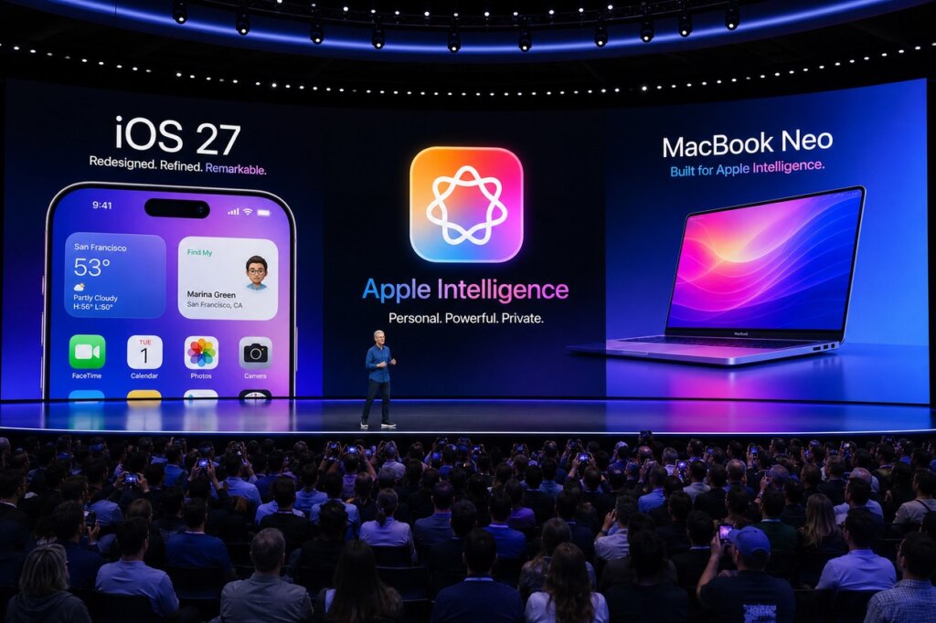 Apple WWDC 2026: সিরির নতুন রূপ, iOS 27 ও MacBook Neo-র বড় ঘোষণা অ্যাপল ডব্লিউডব্লিউডিসি ২০২৬ কীনোট স্টেজে আইওএস ২৭ ও অ্যাপল ইন্টেলিজেন্স