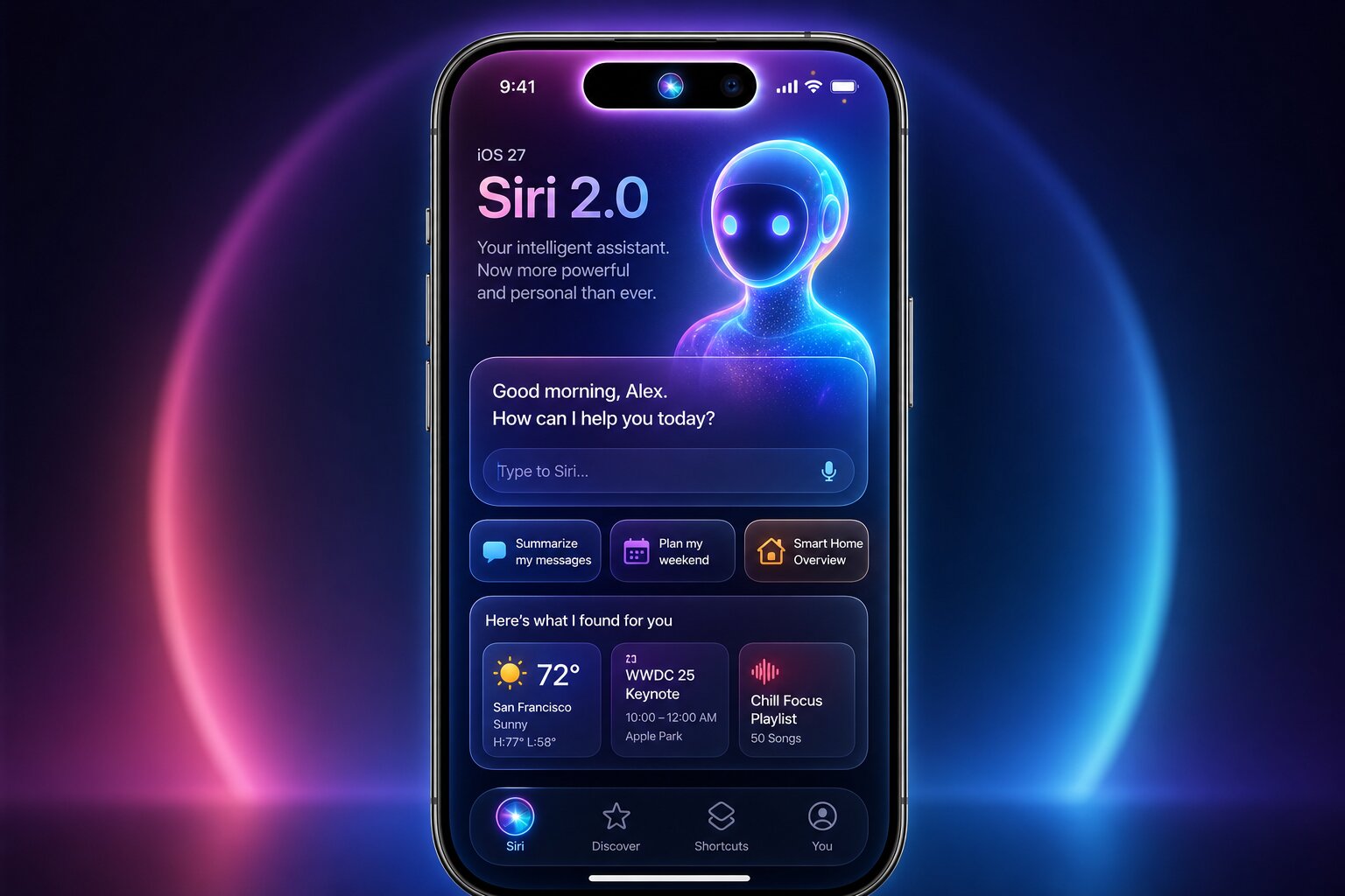 Apple WWDC 2026: iOS 27, Siri 2.0 ও নতুন AI বৈশিষ্ট্য যা আপনার iPhone বদলে দেবে 1 iOS 27 Siri 2.0 AI chatbot interface Dynamic Island smartphone display