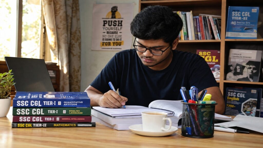 SSC CGL ২০২৬: নিয়োগ বিজ্ঞপ্তি, যোগ্যতা ও আবেদন প্রক্রিয়া সম্পূর্ণ গাইড SSC CGL ২০২৬ পরীক্ষার প্রস্তুতি নিচ্ছেন একজন পড়ুয়া