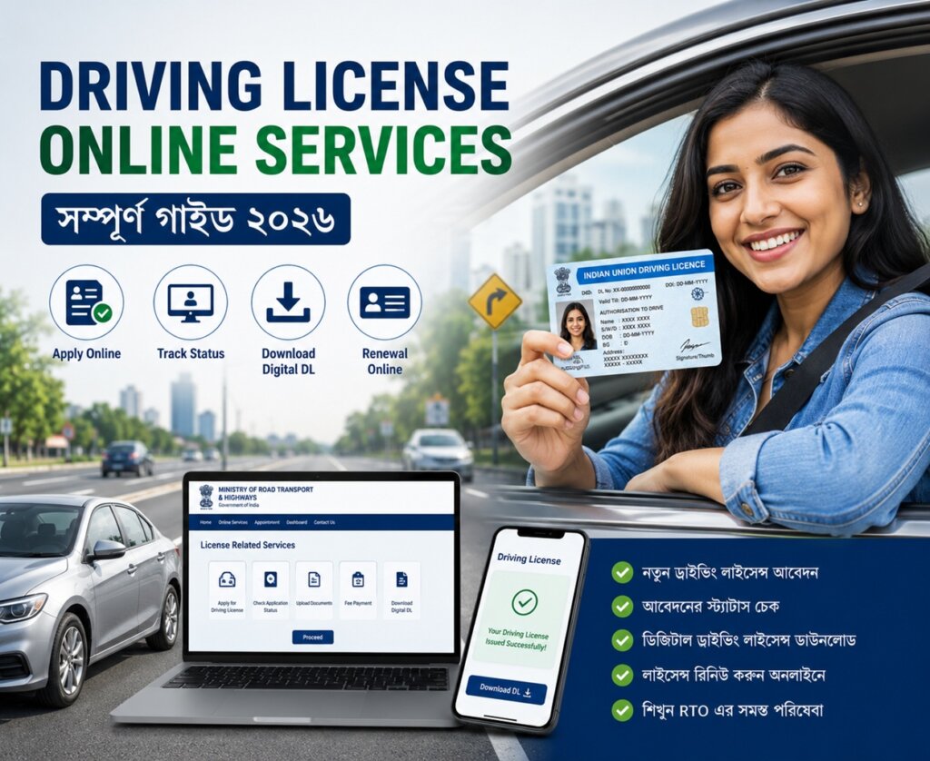 ড্রাইভিং লাইসেন্স অনলাইন সেবা ২০২৬: আবেদন, স্ট্যাটাস চেক ও ডিজিলকার ডাউনলোডের সহজ পদ্ধতি ড্রাইভিং লাইসেন্স - ভারতের সড়ক ও যানবাহন