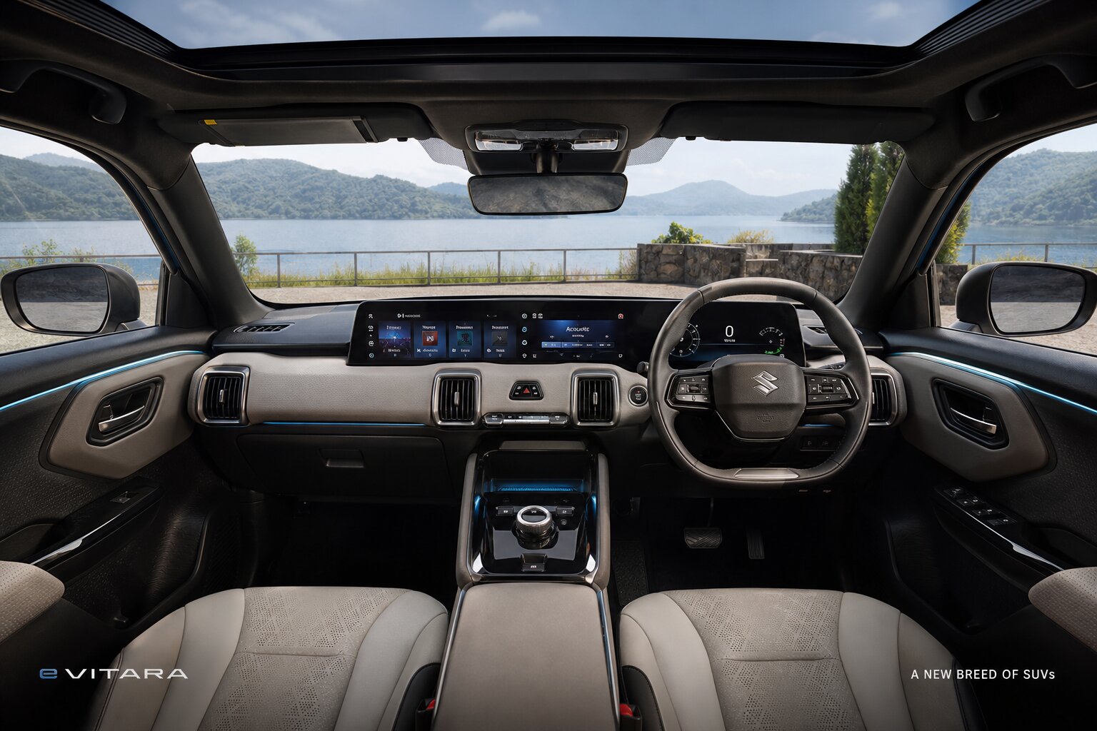 Maruti e Vitara ২০২৬: দাম, রেঞ্জ, ফিচার ও বিস্তারিত 1 Maruti Suzuki e Vitara interior dashboard with dual screens and panoramic sunroof