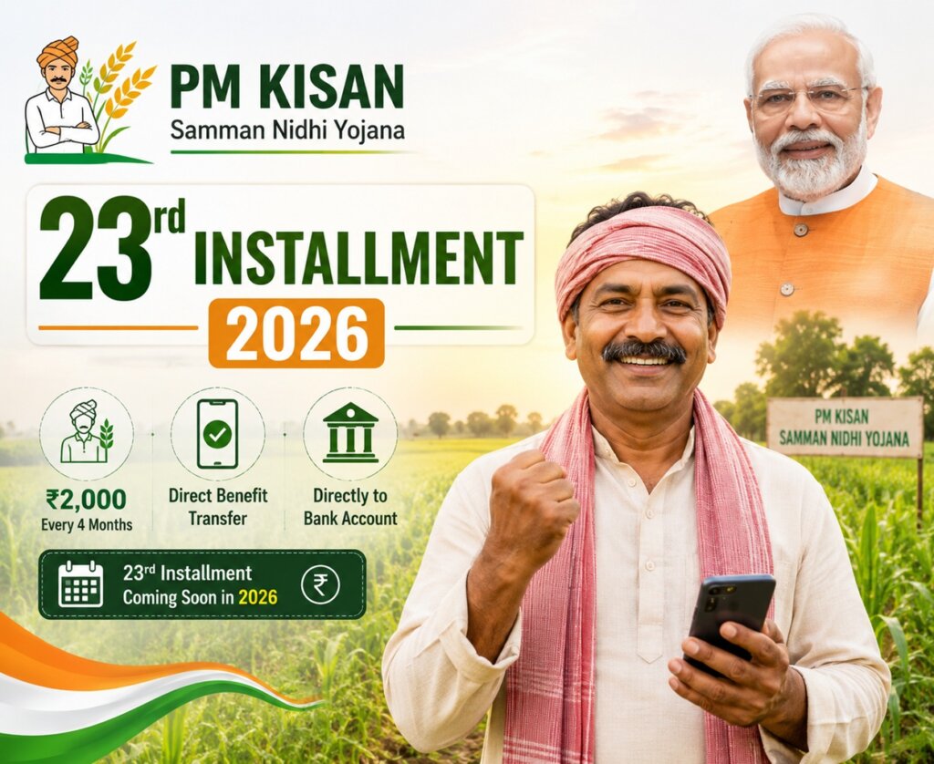 পিএম কিষাণ সম্মান নিধি ২৩তম কিস্তি ২০২৬: কবে জমা হল, কীভাবে স্ট্যাটাস চেক করবেন? পিএম কিষাণ সম্মান নিধি - ভারতীয় কৃষক তার ক্ষেতে দাঁড়িয়ে