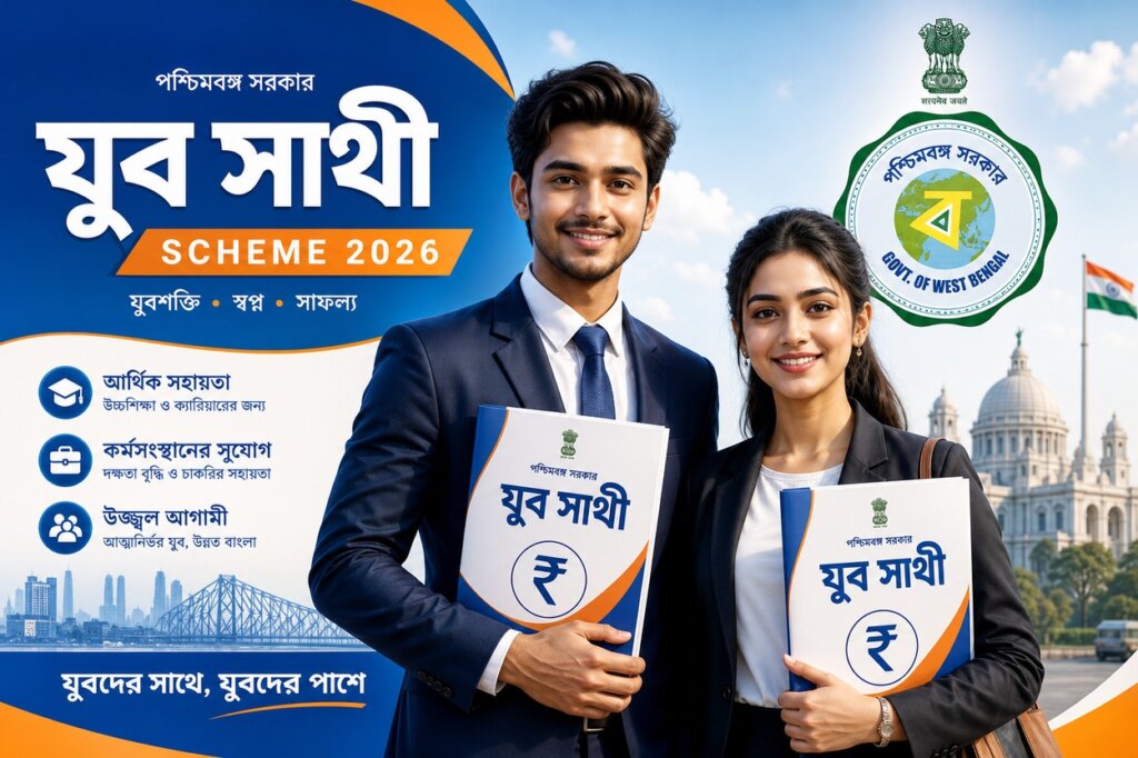 বাঙ্লার যুব সাথী প্রকল্প ২০২৬: বেকার যুবক-যুবতীদের মাসিক ১,৫০০ ভাতা – সম্পূর্ণ গাইড বাঙ্লার যুব সাথী প্রকল্প ২০২৬ - পশ্চিমবঙ্গ সরকারের বেকার যুবক-যুবতীদের মাসিক ৳১,৫০০ ভাতা প্রকল্পের ফিচারড ইমেজ