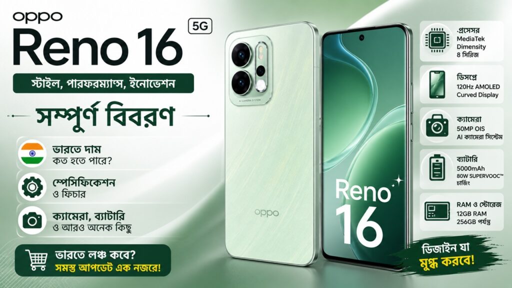 Oppo Reno 16 লঞ্চ ভারতীয় বাজারে: দাম, স্পেসিফিকেশন ও সব তথ্য বাংলায় Oppo Reno 16 স্মার্টফোনের প্রিমিয়াম ডিজাইন - ৬.৩২ ইঞ্চি ডিসপ্লে ও মেটাল বডি