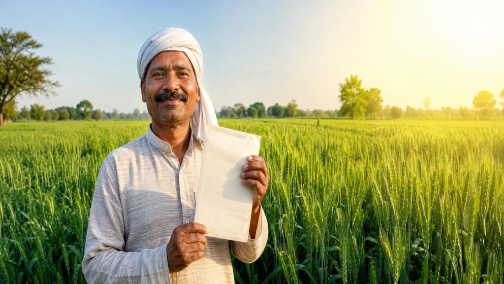 প্রধানমন্ত্রী ফসল বিমা যোজনা ২০২৬ — কৃষকের হাতে ফসল বিমার নথি, পেছনে সবুজ ক্ষেত