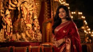 দুর্গাপুজোর পোশাক ২০২৬: ঐতিহ্যবাহী লাল বেনারসি শাড়ি পরা বাঙালি তরুণী, পুজোর প্যান্ডেলের আলোয়