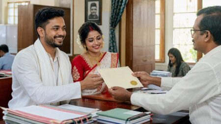 বিবাহ নিবন্ধন ২০২৬: অনলাইনে ম্যারেজ সার্টিফিকেটের আবেদন, ফি ও প্রয়োজনীয় নথি বিবাহ নিবন্ধন ২০২৬: রেজিস্ট্রার অফিসে দম্পতিকে ম্যারেজ সার্টিফিকেট দেওয়া হচ্ছে