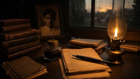 সুকান্ত ভট্টাচার্যের জীবনী: শতবর্ষে কিশোর কবির অমর কাব্যকথা সুকান্ত ভট্টাচার্যের লেখালেখির পুরনো ডেস্ক, কালি কলম ও পাণ্ডুলিপি, প্রদীপের আলোয়
