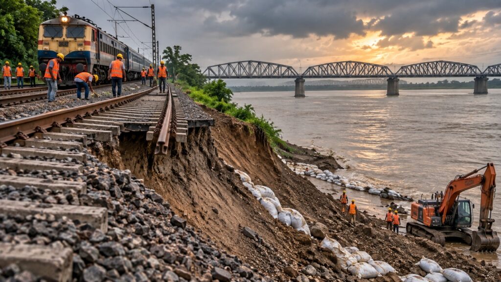 ফরাক্কায় রেললাইনে ধস: উত্তরবঙ্গগামী ট্রেন বাতিল, ২-৩ দিন ভোগান্তি? ফরাক্কায় রেলধসে উত্তরবঙ্গগামী ট্রেন বাতিল, বৃষ্টিতে ভুগছেন যাত্রীরা