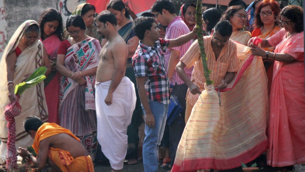 নবপত্রিকা কলাবউ কে? ৯টি গাছ, পুজোর নিয়ম ও ইতিহাস 1 কলাবউ স্নানের দৃশ্য,
