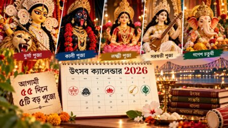 আগামী ৫৫ দিনে ৬টি বড় পুজো: উৎসব ক্যালেন্ডার ২০২৬, সব তারিখ এক নজরে উৎসব ক্যালেন্ডার ২০২৬: দুর্গাপুজোর সময় কলকাতার প্যান্ডেল