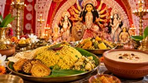 দুর্গাপুজোর ভোগের তালিকা: খিচুড়ি, লাবড়া থেকে পায়েস দুর্গাপুজোর ভোগের খিচুড়ি, লাবড়া, চাটনি সহ থালা