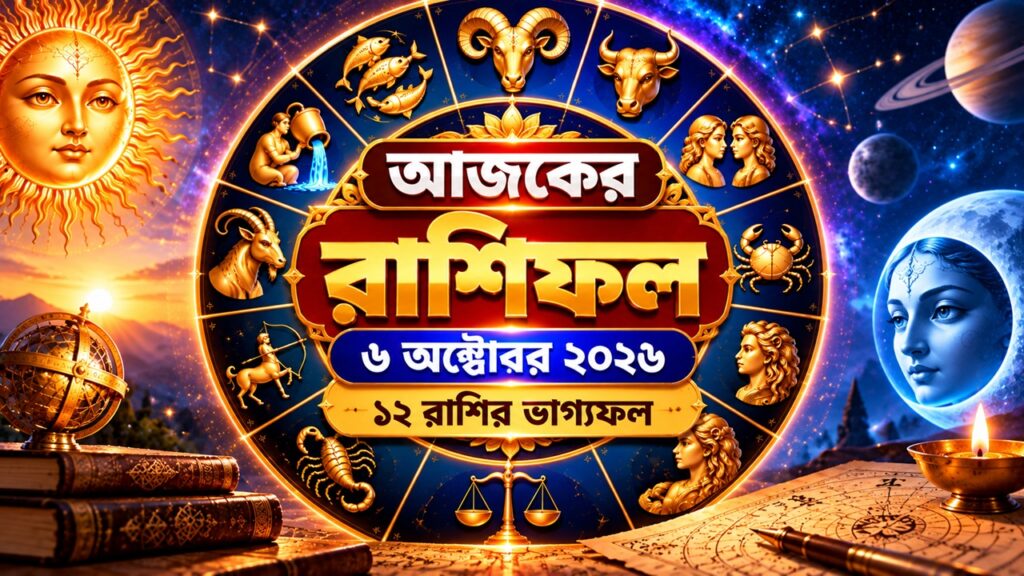 আজকের রাশিফল ৬ অক্টোবর ২০২৬: ১২ রাশির ভাগ্যফল আজকের রাশিফল ৬ অক্টোবর ২০২৬, রাশিচক্রের চাকার ছবি