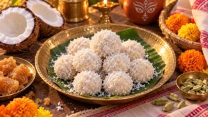 নারকেল নাড়ু রেসিপি: পুজোর মিষ্টিমুখ ঘরোয়া উপায়ে ২০ মিনিটে নারকেল নাড়ু রেসিপি: পিতলের থালায় সাজানো ঘরোয়া নারকেল নাড়ু